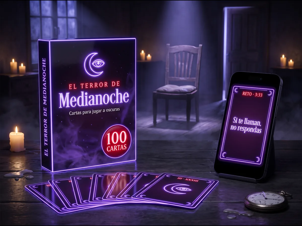 La caja de El Terror de Medianoche con 100 cartas, un celular con la carta Si te llaman, no respondas, y detrás la silla vacía del Invitado